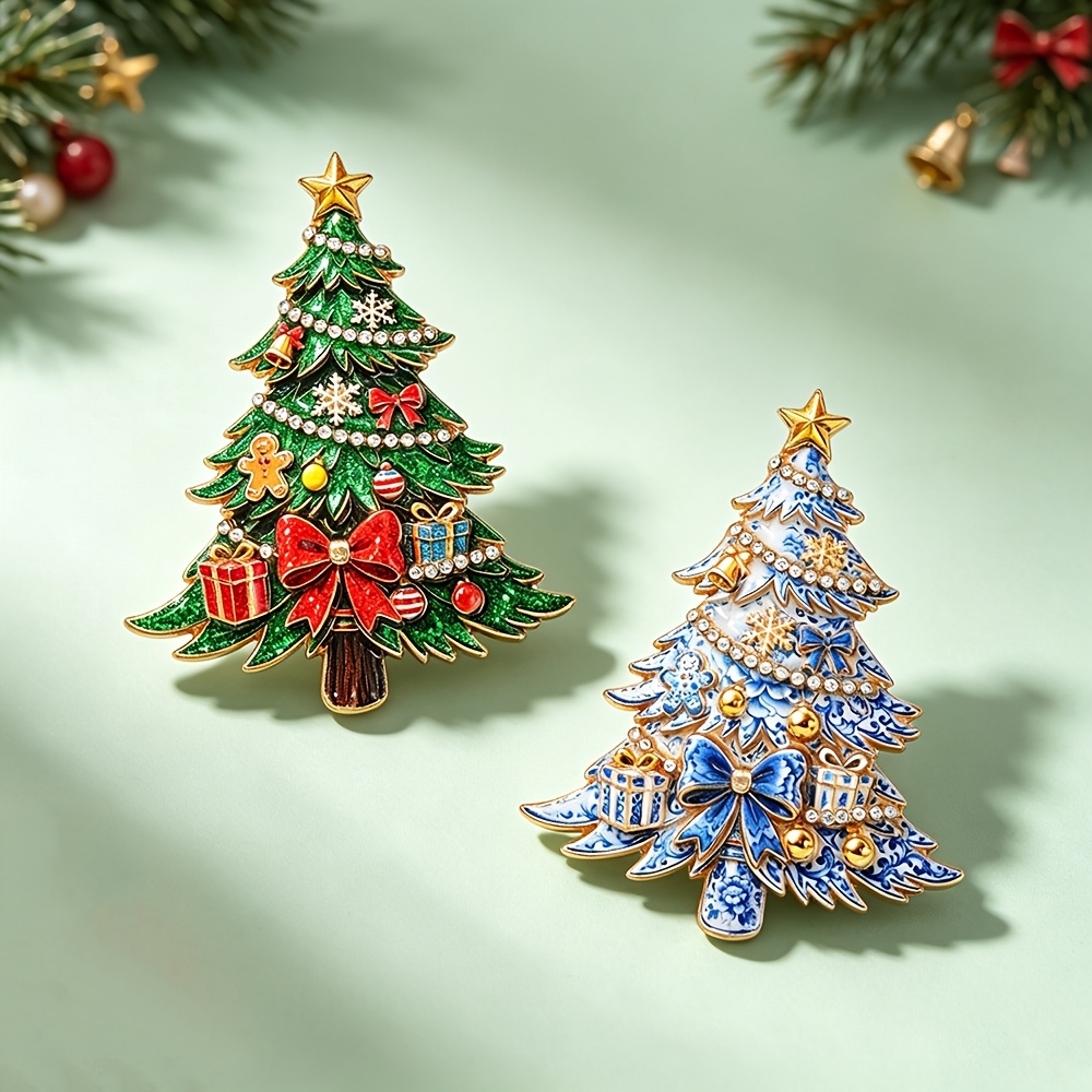 Enamel Rhinestone Christmas Tree Brooch, Vintage Gift